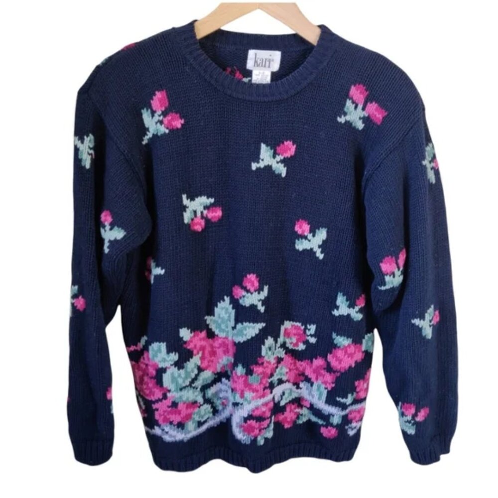 Kari Vintage Knit Cottagecore Sweater with Roses Small